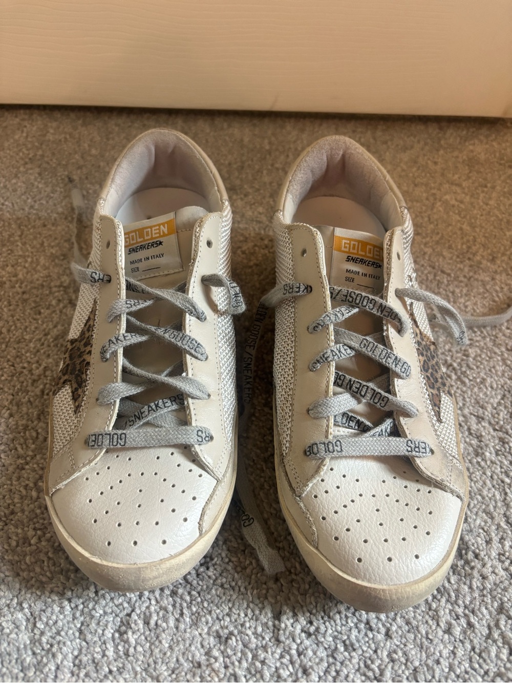 Golden Goose Cream White Sneakers with Leopard Star Accent size 8 Womens